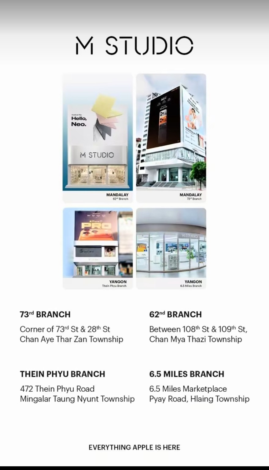 M STUDIO store photographs and addresses: Mandalay 73rd and 62nd branches, Yangon Thein Phyu and 6.5 Miles branches